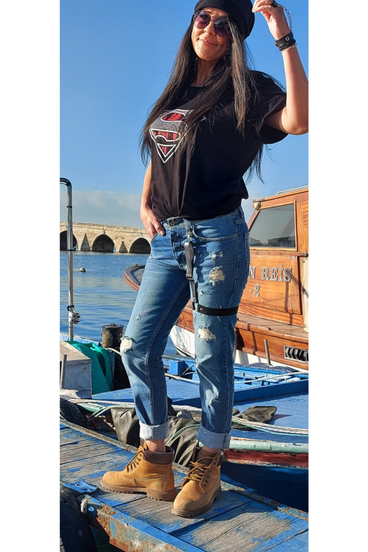 Binlerceal Siyah Gold Zımbalı Derili Trend Bacak Kemeri, Trend Model Kemer