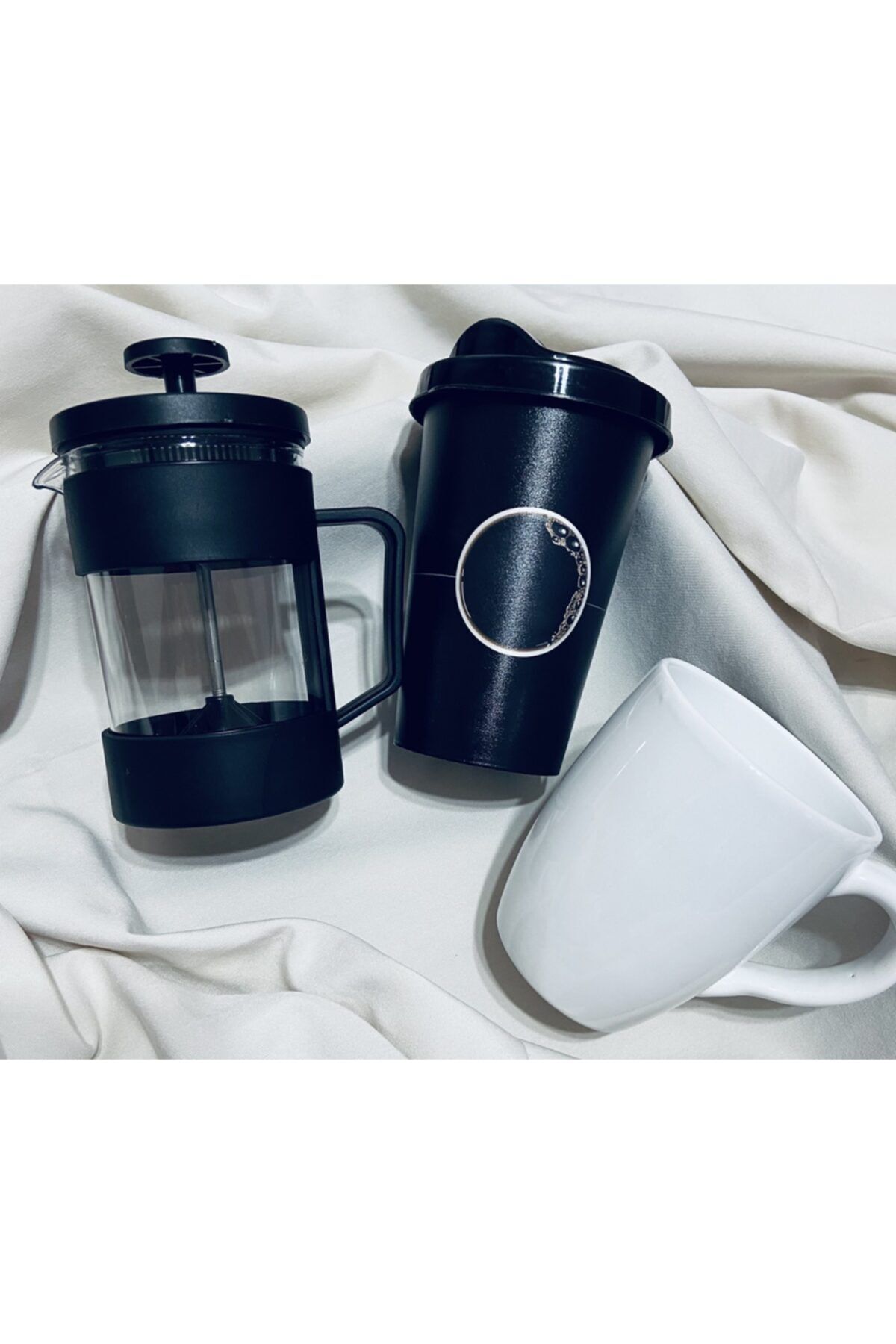 Gökcanhome French Press & Kapaklı Kahve Bardağı & Kupa Bardak Hediye Seti