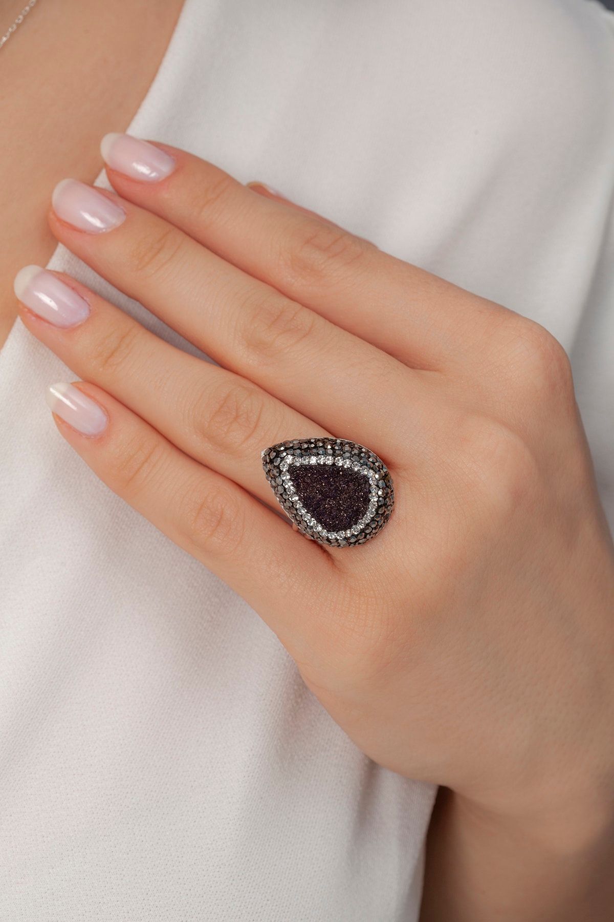 Tmec Silver Ametist Doğal Taşlı Damla Model Gümüş Bayan Yüzük