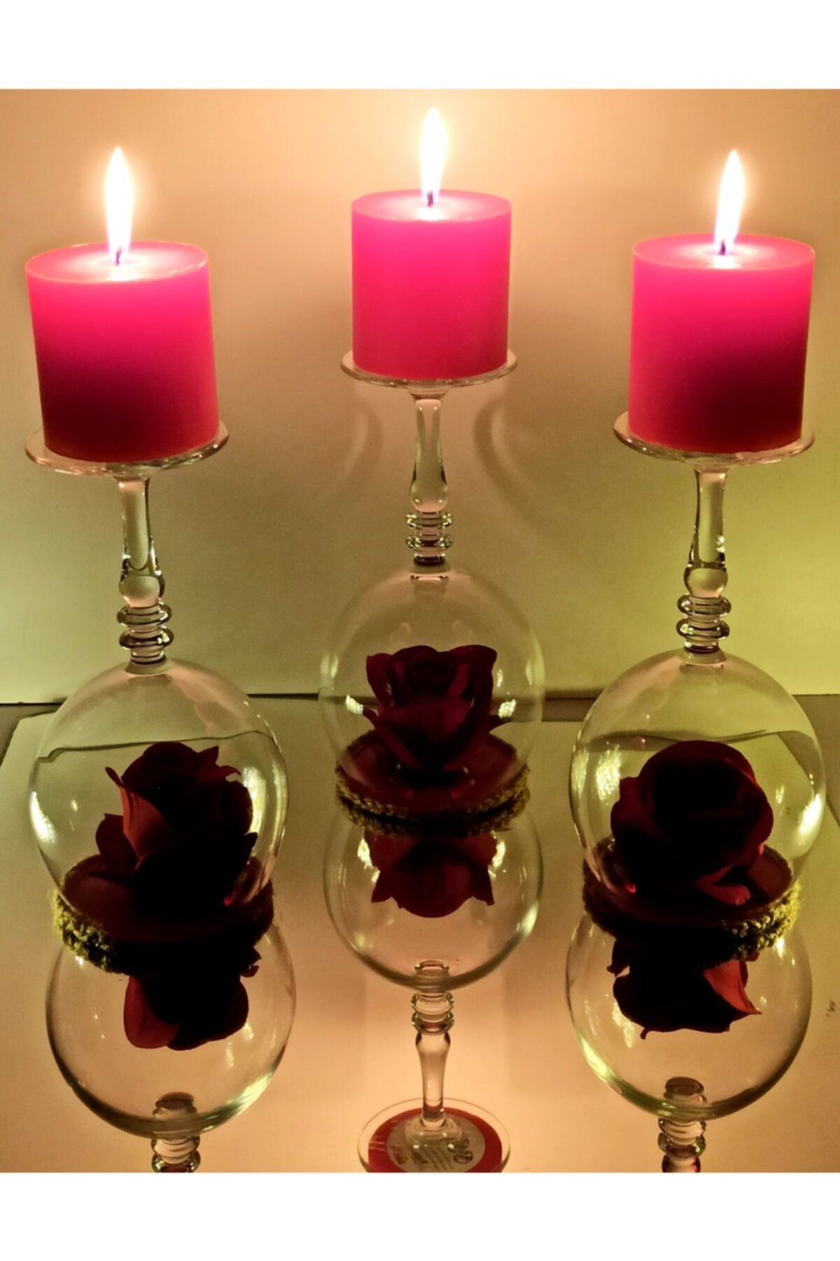 Mixperi Romantik Set Mumluk Kırmızı Güllü 3 Kadehli Özel Tasarım Şamdan