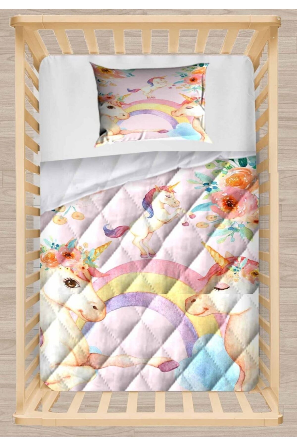 Osso Halı Pembe  Unicorn Atlar Kapitoneli 3d Desenli Bebek Yorgan Uyku Seti