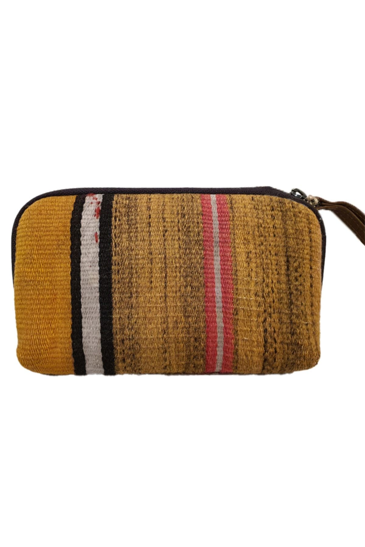 OA Fashion Sarı Kozmetik Çantası, Deri Kadın Makyaj Çantası, Kilim Kumaş El Çantası, Düzenleyici Çanta