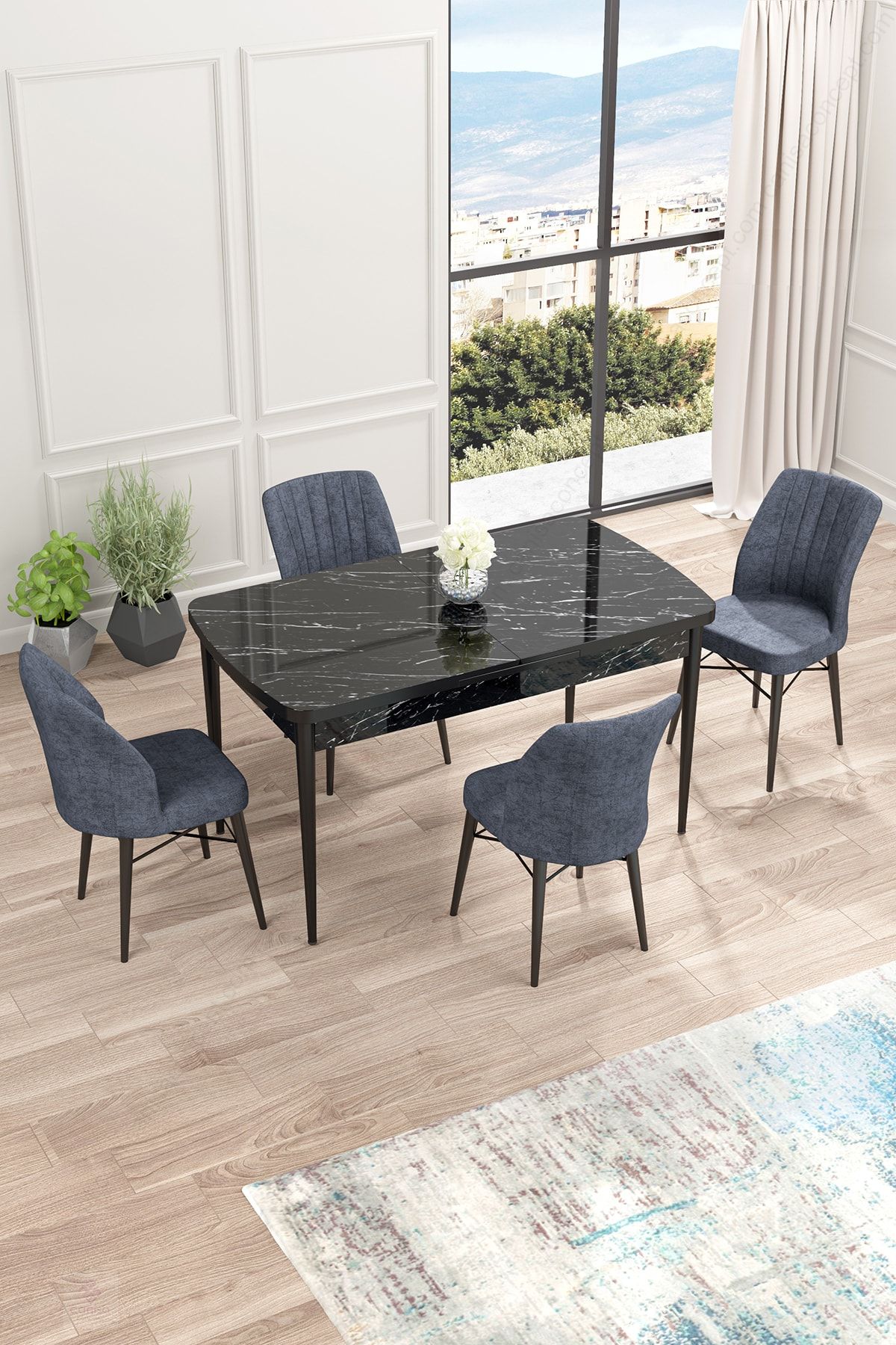 Canisa Concept Mdf Siyah Mermer Desenli Açılabilir Mutfak Masa Takımı Masa 4 Füme Sandalye