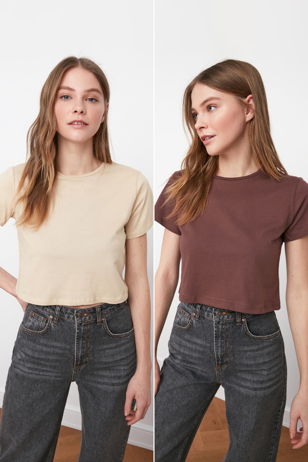 TRENDYOLMİLLA Bej ve Kahverengi %100 Pamuk Bisiklet Yaka 2'li Paket Crop Örme  T-Shirt TWOSS20TS1480
