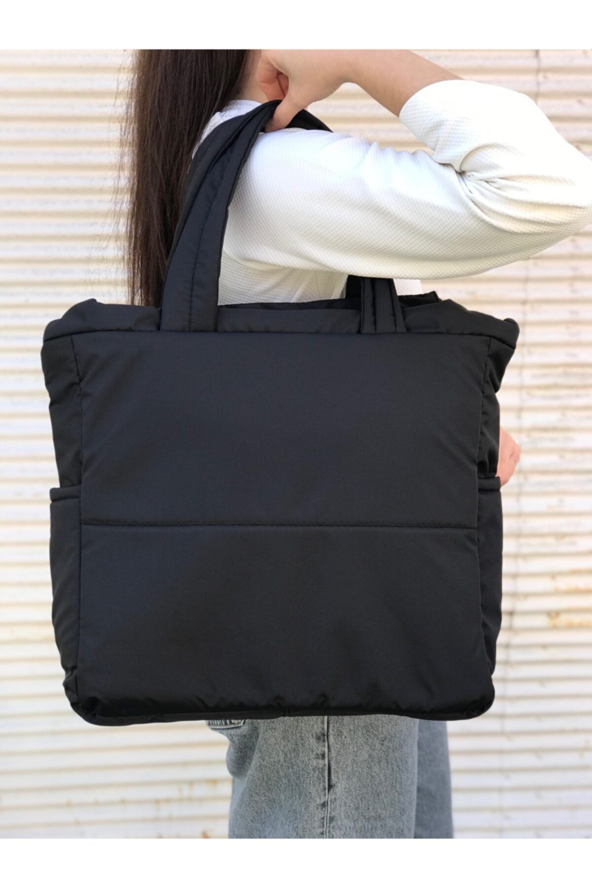 Lebina Kadın Siyah Kabartmalı Puf Kumaş Shopper Çanta