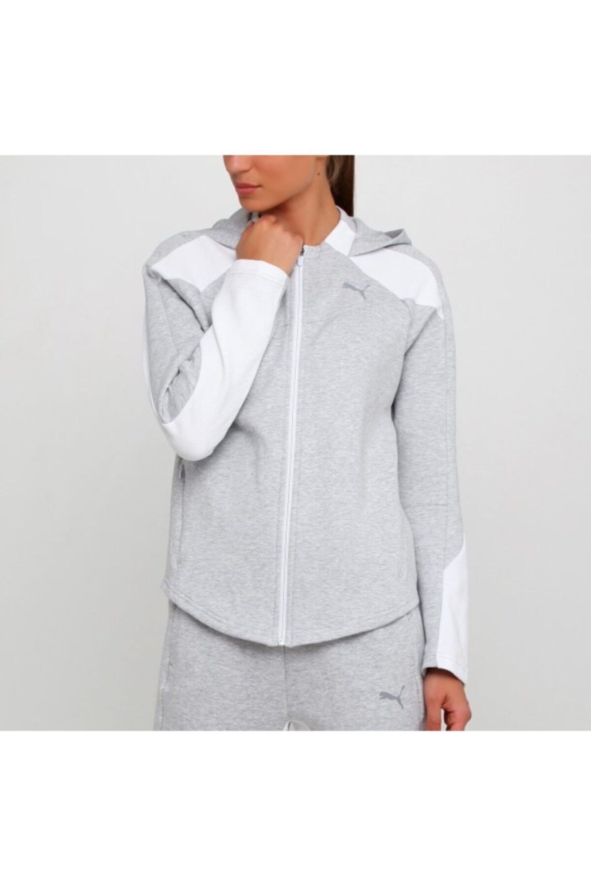 Puma Kadın Gri Beyaz Kapüşonlu Fermuarlı Sweatshirt