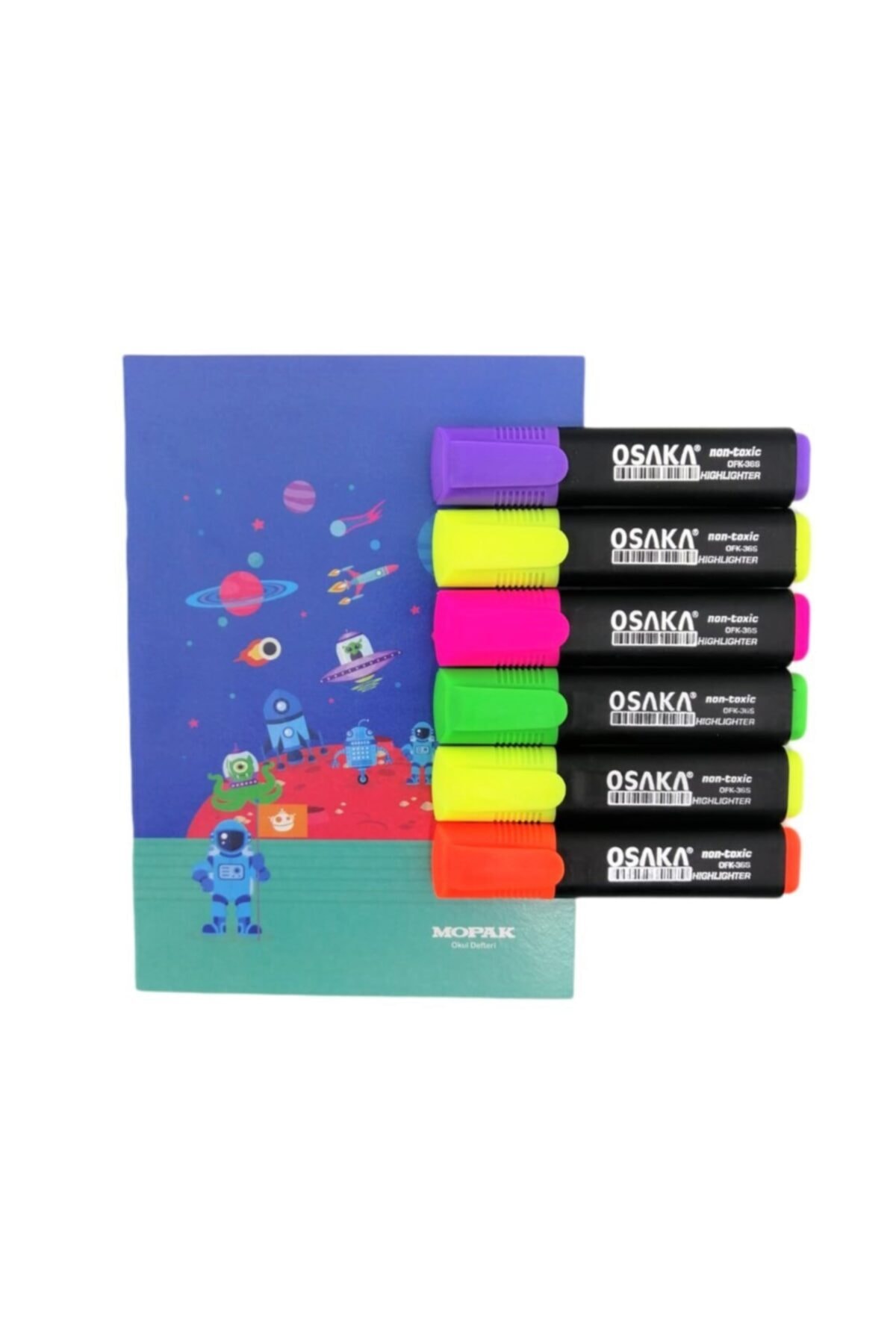 Osaka Fosforlu Kalem 6'lı Set + Mopak A5 Defter Hediyeli