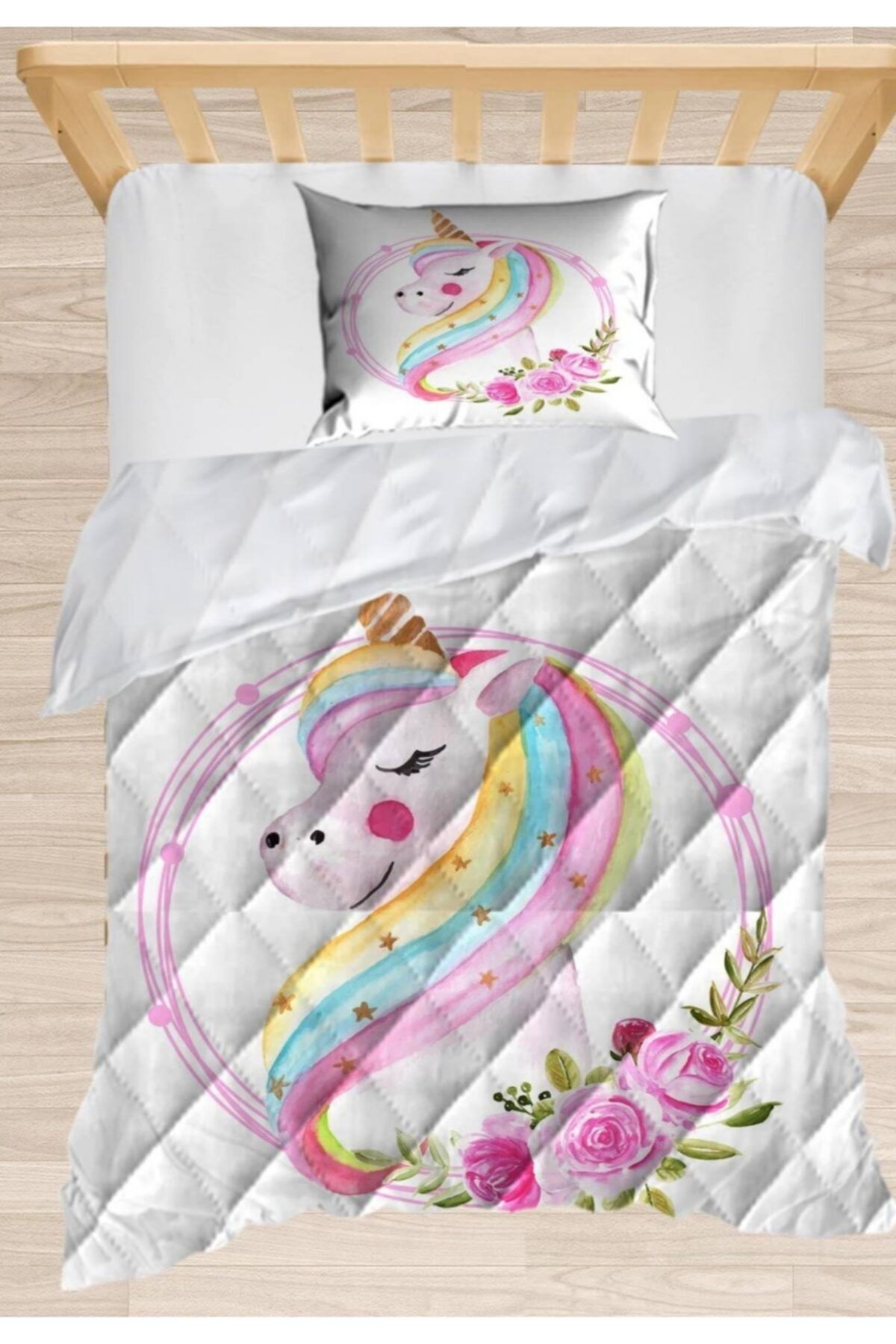 Osso Halı Sarı Pembe Mavi Unicorn Atlı 3d Desenli Tek Kişilik Çocuk Yorgan Uyku Seti