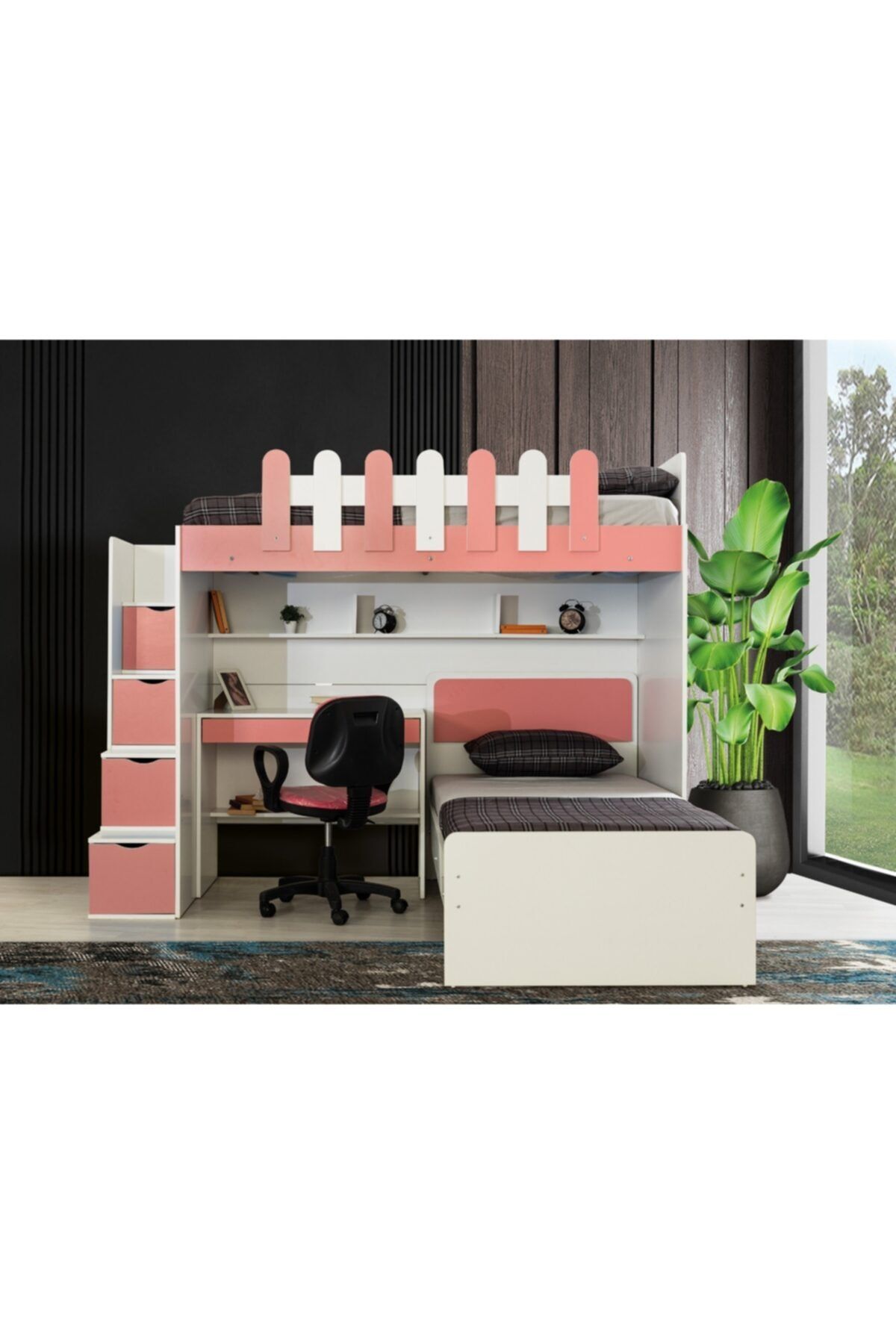 Güven Mobilya Kiwi Okyanus 90*190 Beyaz / Pembe Karyolalı Çalışma Masalı Ranza Takım