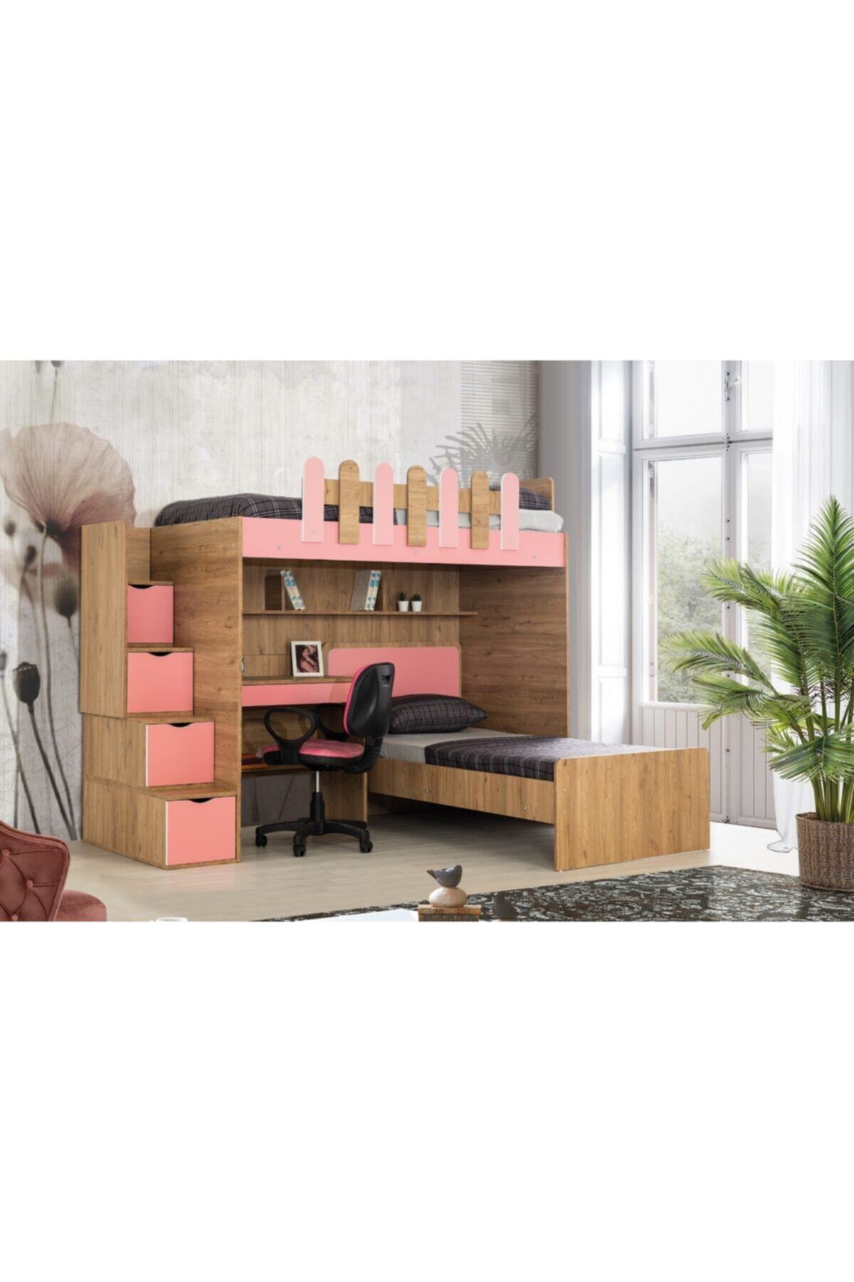 Güven Mobilya Kiwi Okyanus Ceviz / Pembe 90*190 Karyolalı Çalışma Masalı Ranza Takım
