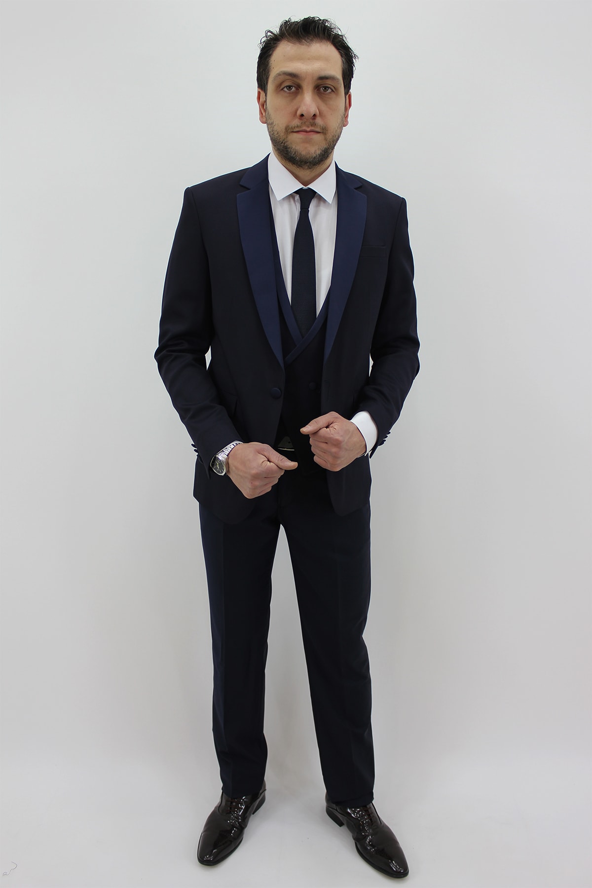 DUAYEN Erkek Lacivert Fistan Store Italyan Kesim Tek Düğme Yelekli Damatlık Takım Elbise