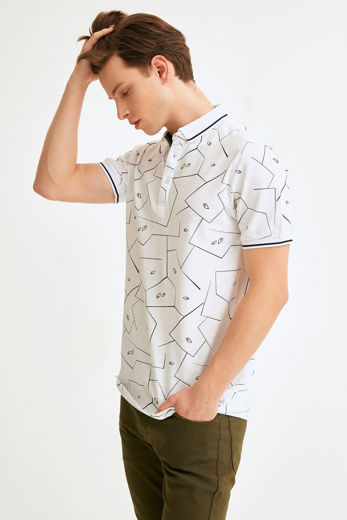 Fulla Moda Erkek Beyaz Dar Kesim Polo Yaka T-shirt