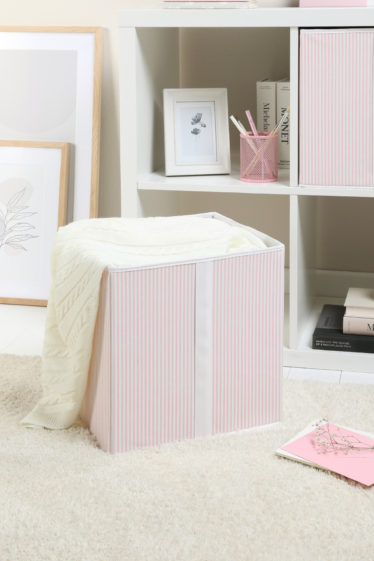 OCEAN HOME Pembe Çizgi Desenli Kapaksız Kutu // 33x33x30