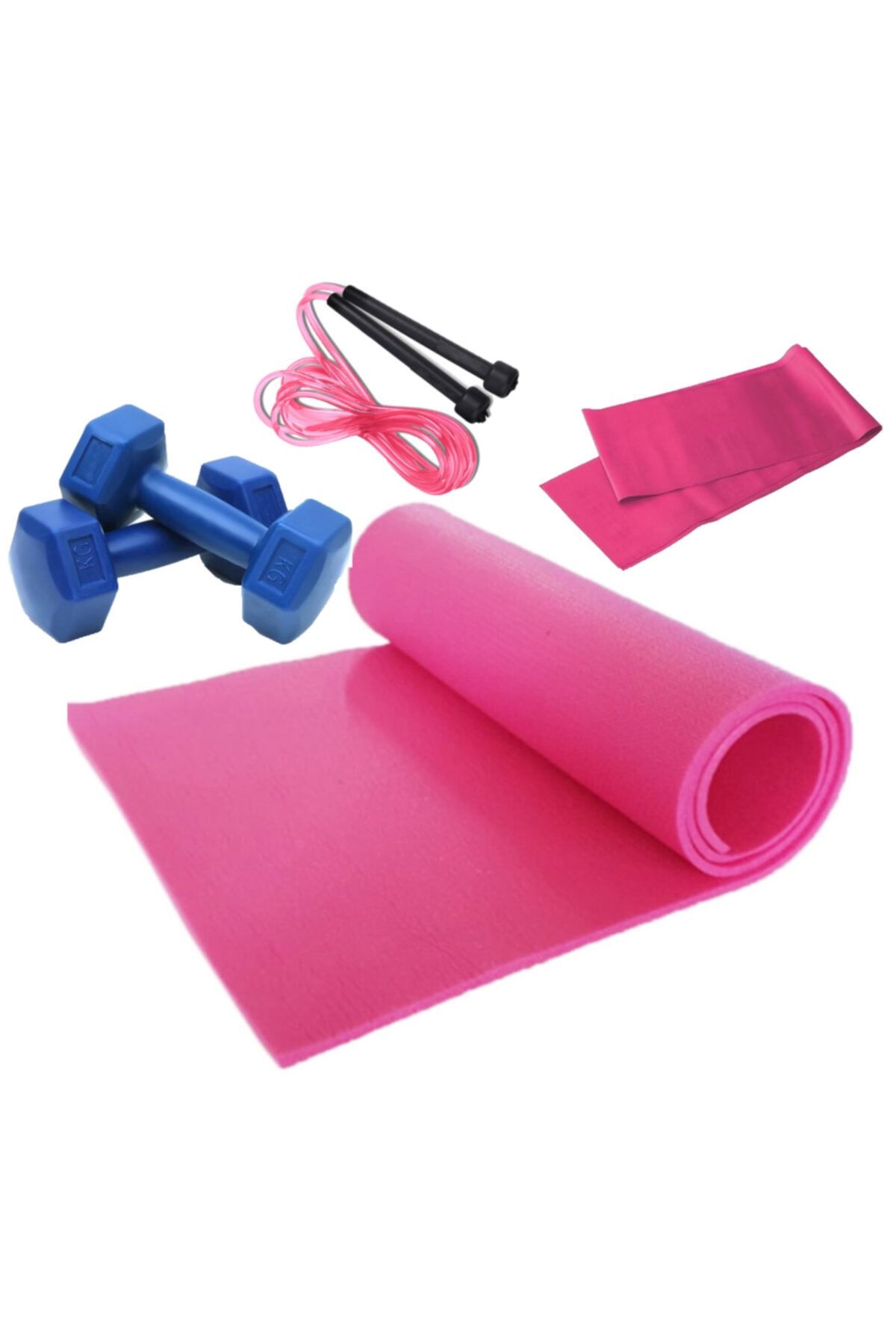 Tosima Pilates Minderi Pilates Lastiği + Plastik Dambıl 1kg + Atlama Ipi 4 Parça Pilates Seti
