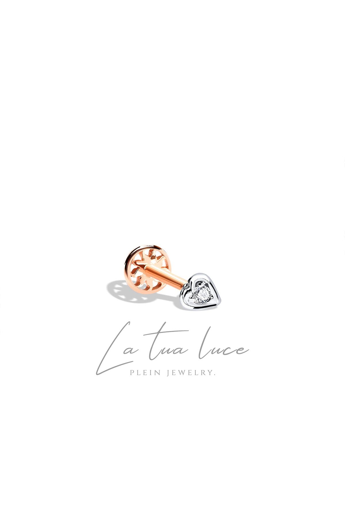 La Tua Luce Jewelry Pırlanta Taşlı Rose Gold 14 Ayar Vidalı Kalp Piercing