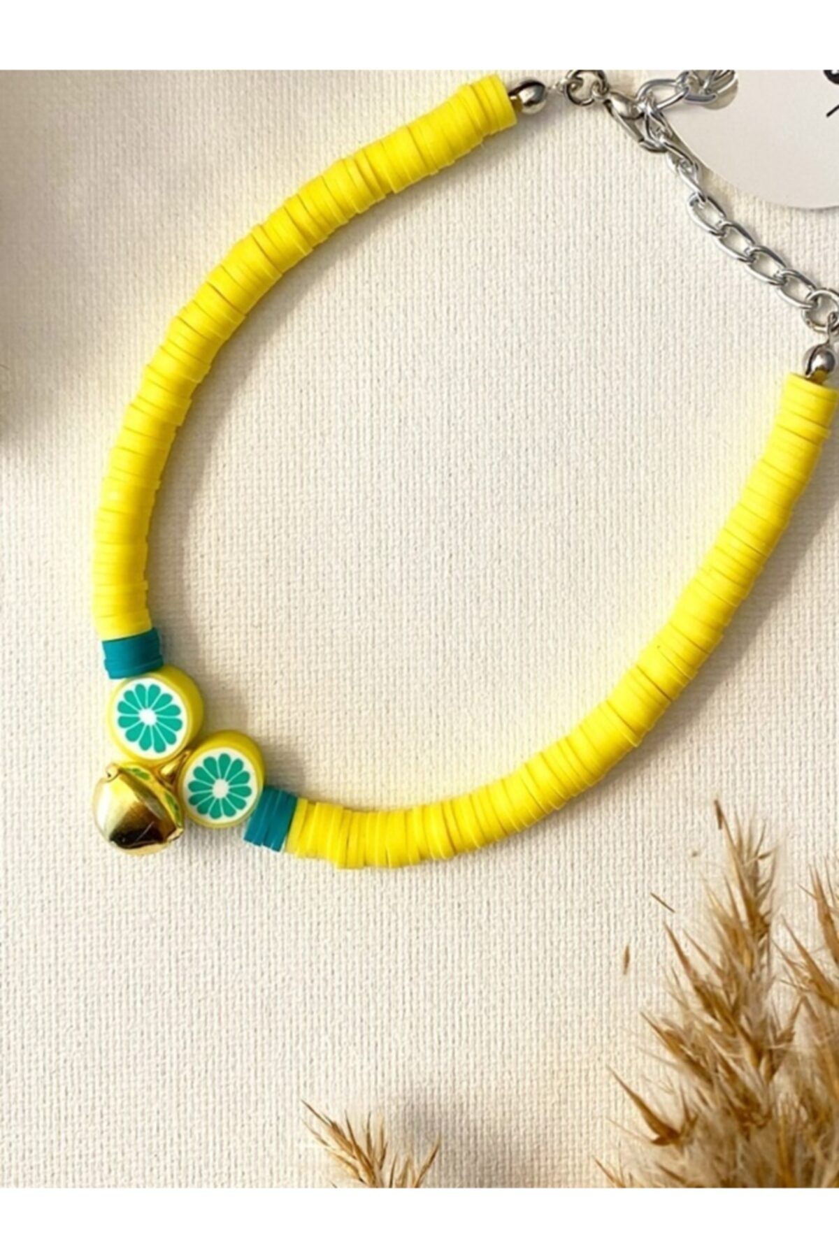 ROSALINDA COLLECTION Kedi Tasması Kedi Kolyesi Zilli Limon Detaylı Sarı