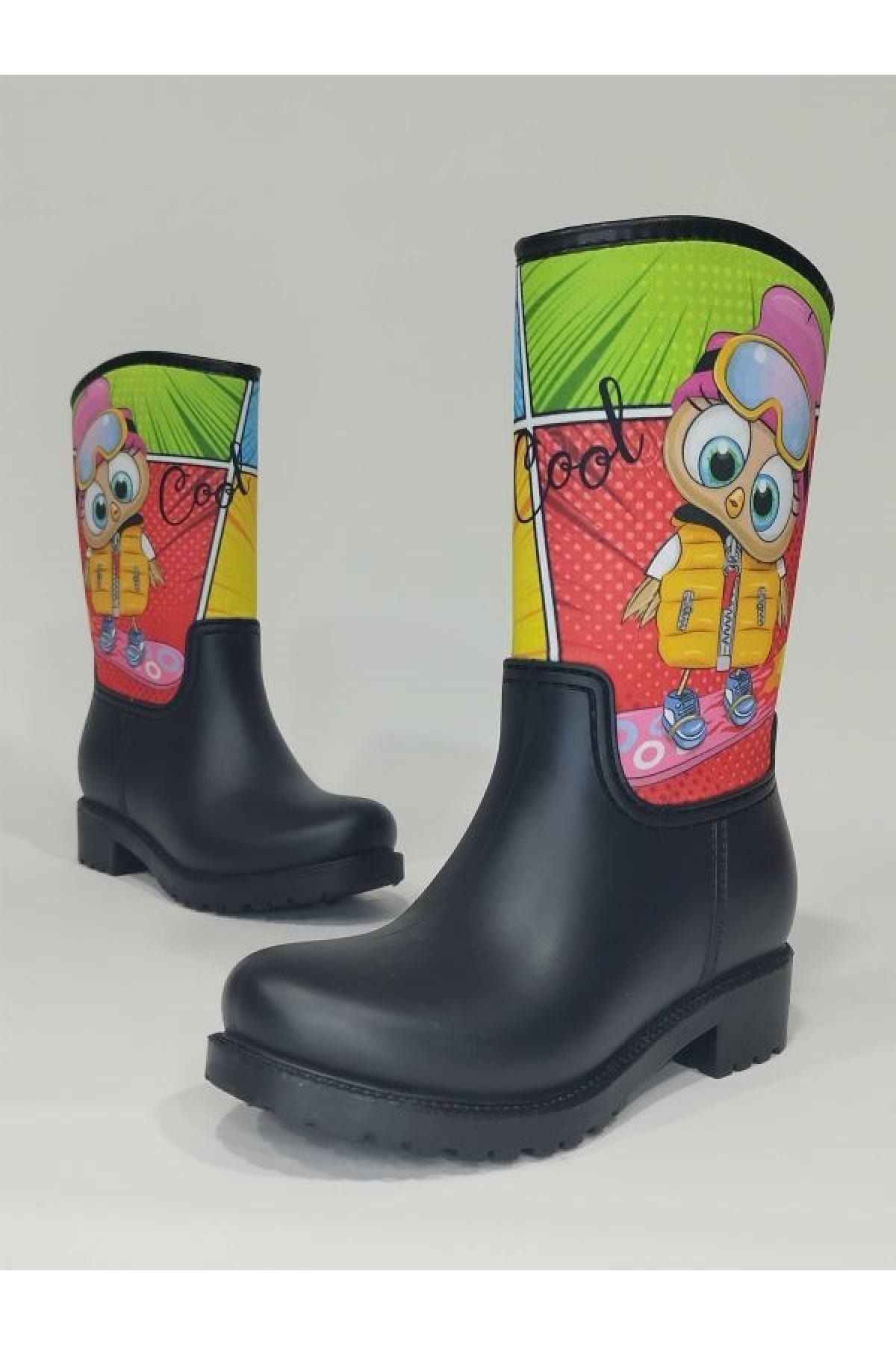 Sea Blue Cool Bird Printed Waterproof Girl s Rain Boots Trendyol