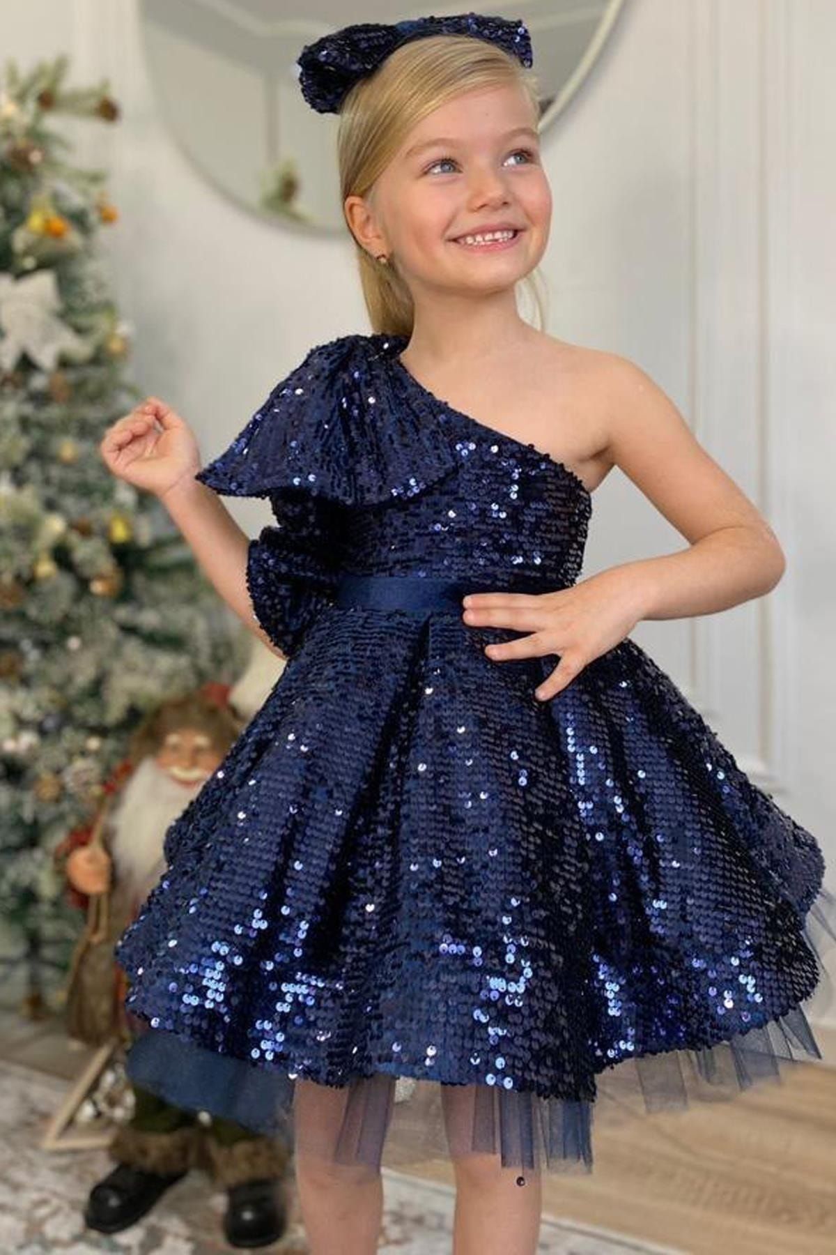 Riccotarz Girl s One Shoulder Navy Blue Evening Dress with