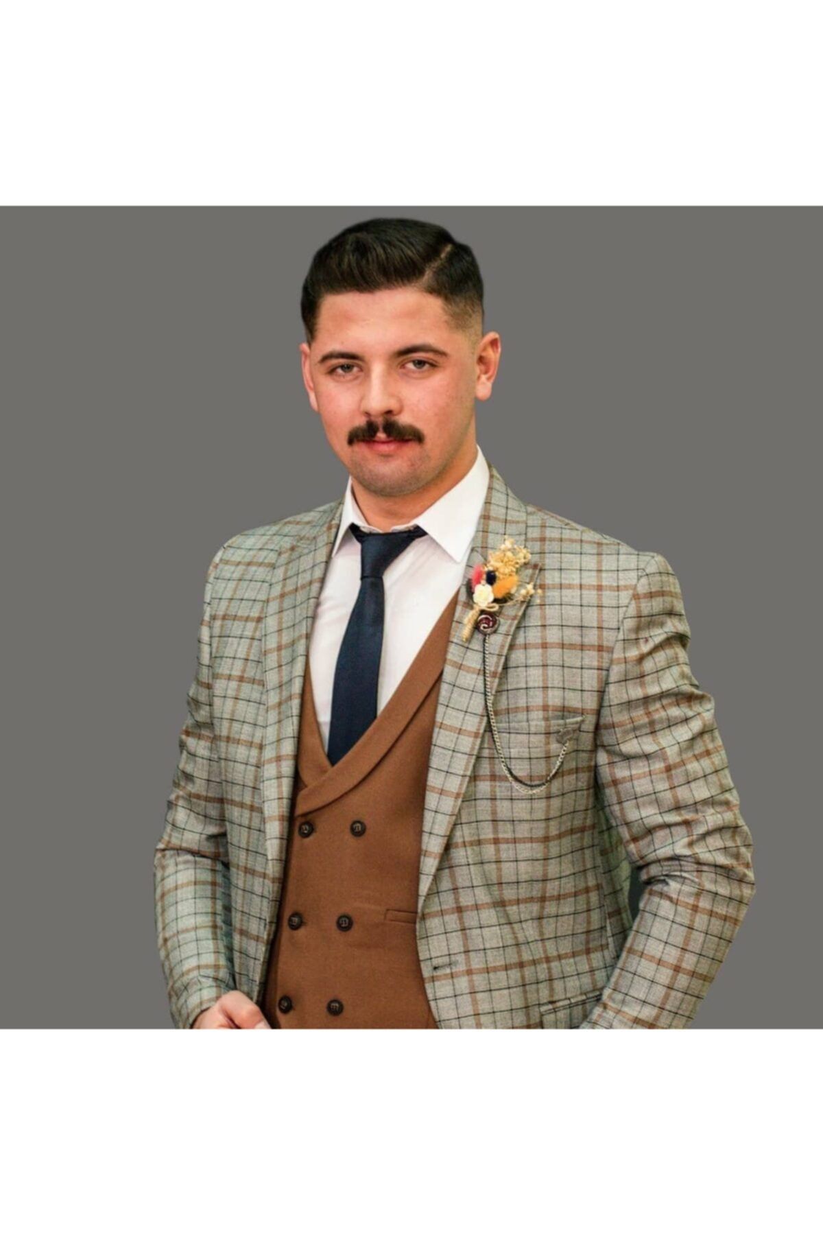 Csr Erkek Gri Kahverengi Ekoseli Takım Elbise