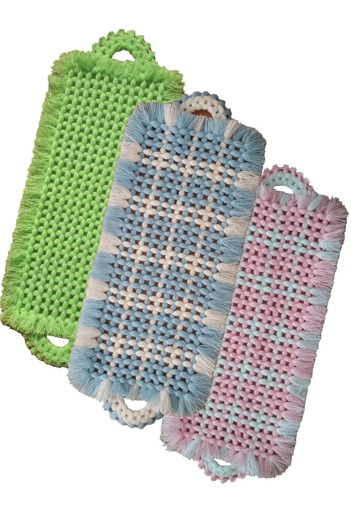 Göçmen Tuhafiye Fıstık Yeşil - Mavi- Pembe El Örgüsü Banyo Lifi Kese 50x20 Cm 3 Lü Takım