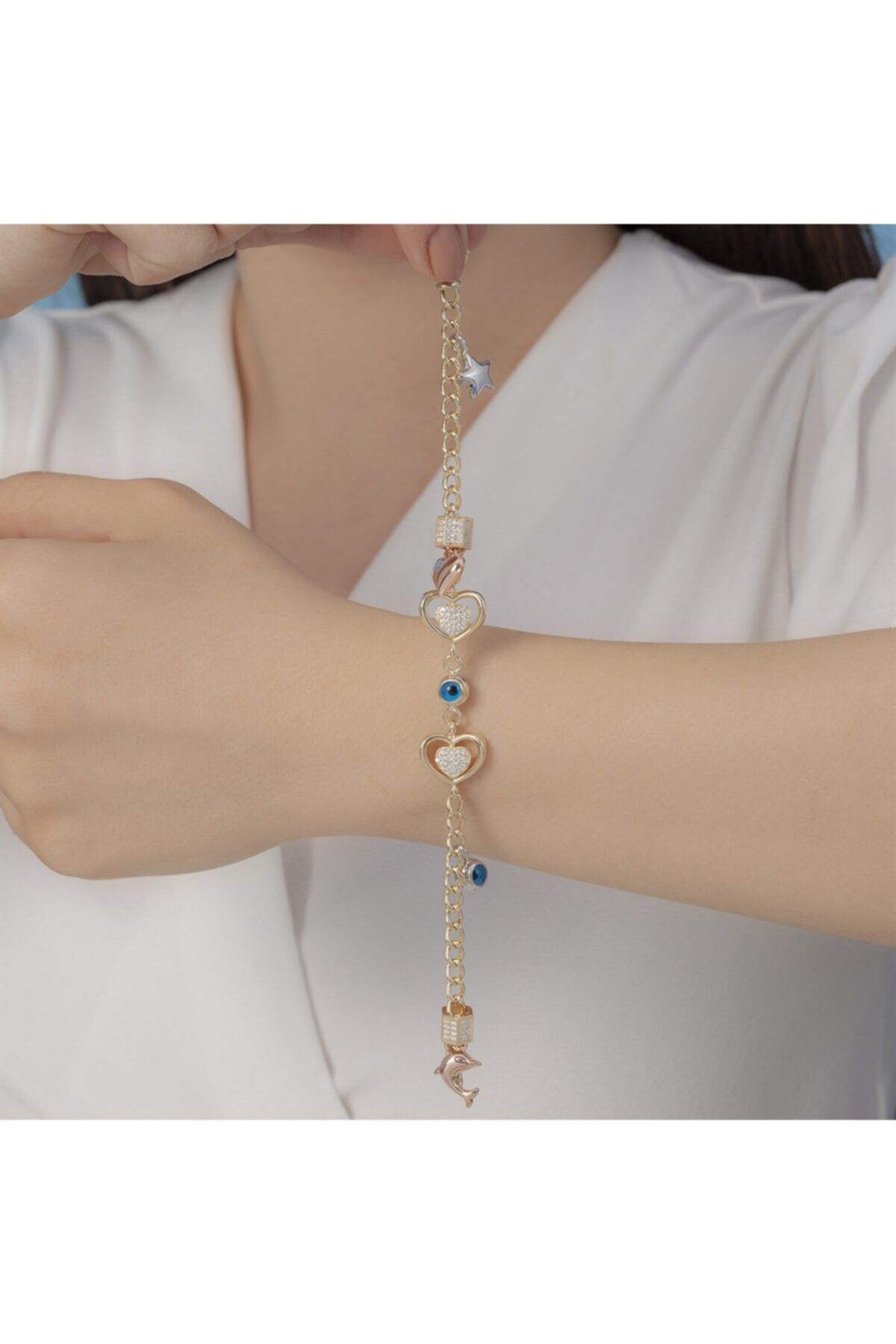 Yantra Silver Dönen Kalp Ve Cam Göz Model Gümüş Hallow Bileklik