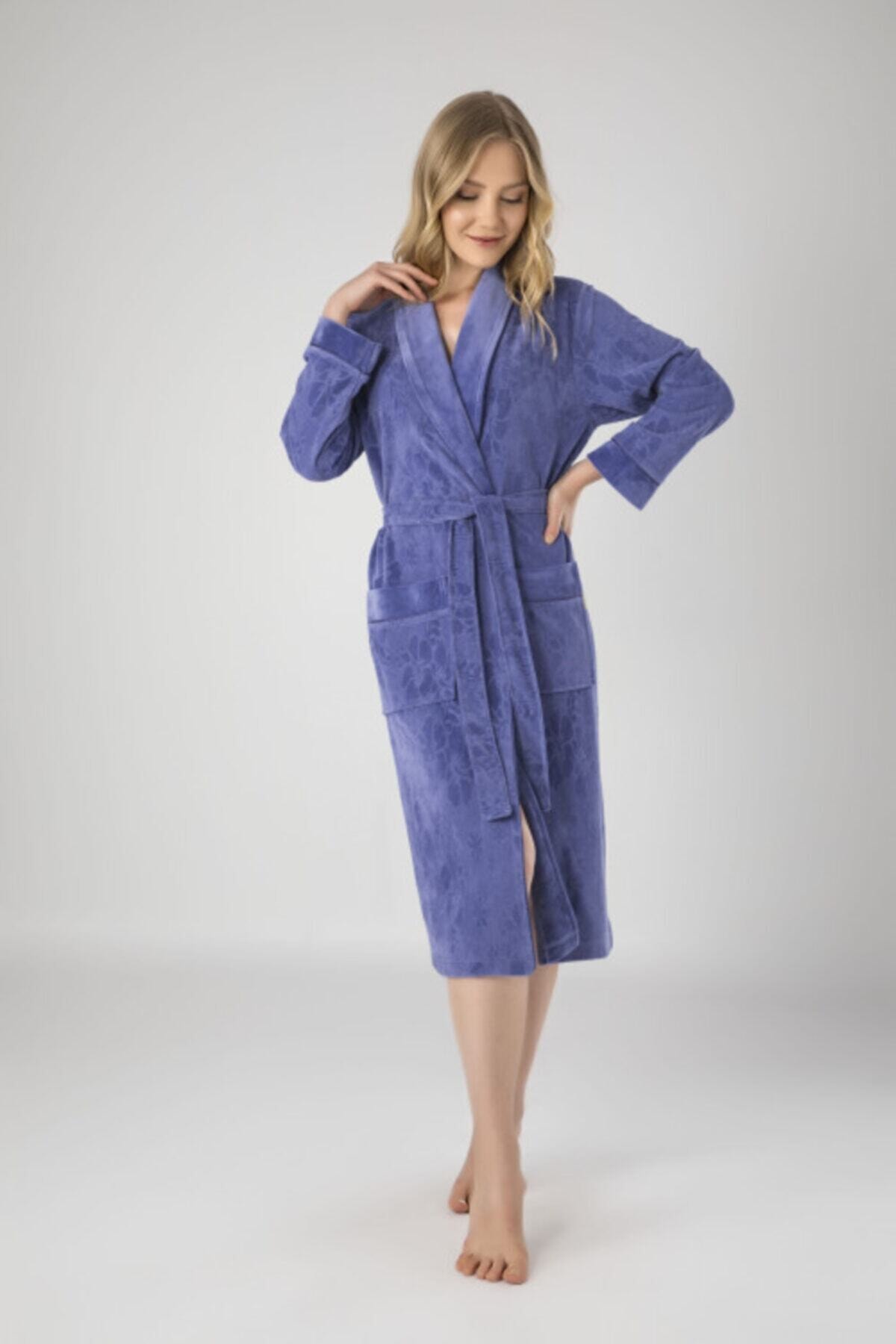 Nuşa Kadın Mavi Jakarlı Bambu Sabahlık Bornoz