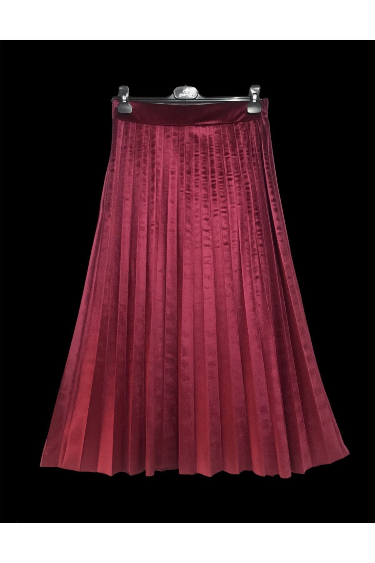 SAVCIGİYİM Kadın Pembe Pliseli Kadife Beli Lastikli Uzun Etek