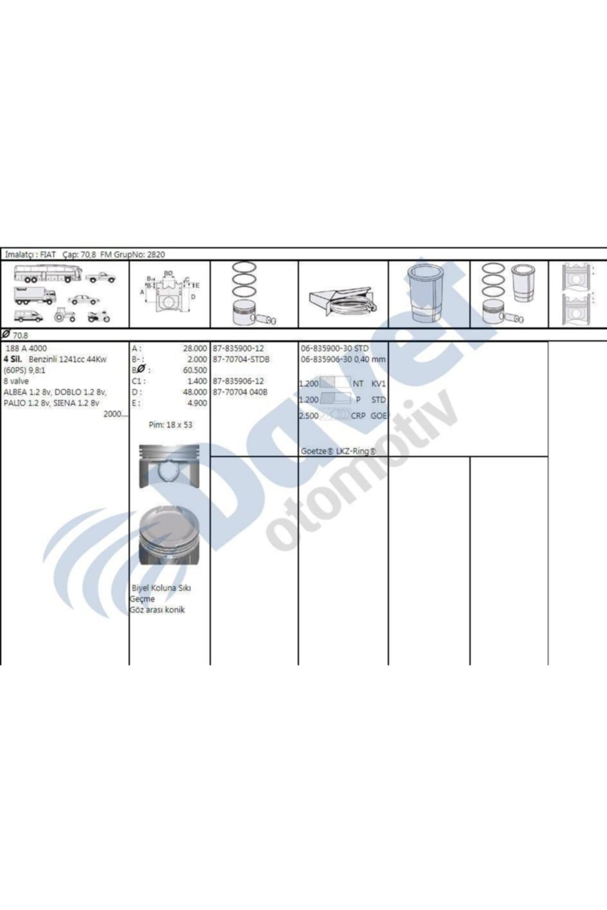 GOETZE Motor Gomlek Palıo-sıena-punto-albea-doblo 1,2 8v/16v 70,80mm Std