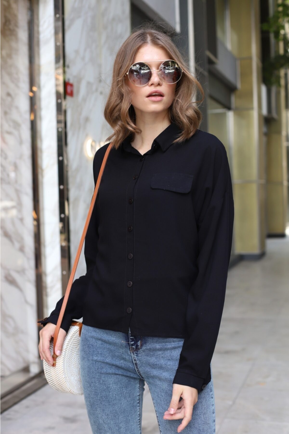 lovebox Kadın Siyah Sahte Cep Detaylı Gömlek