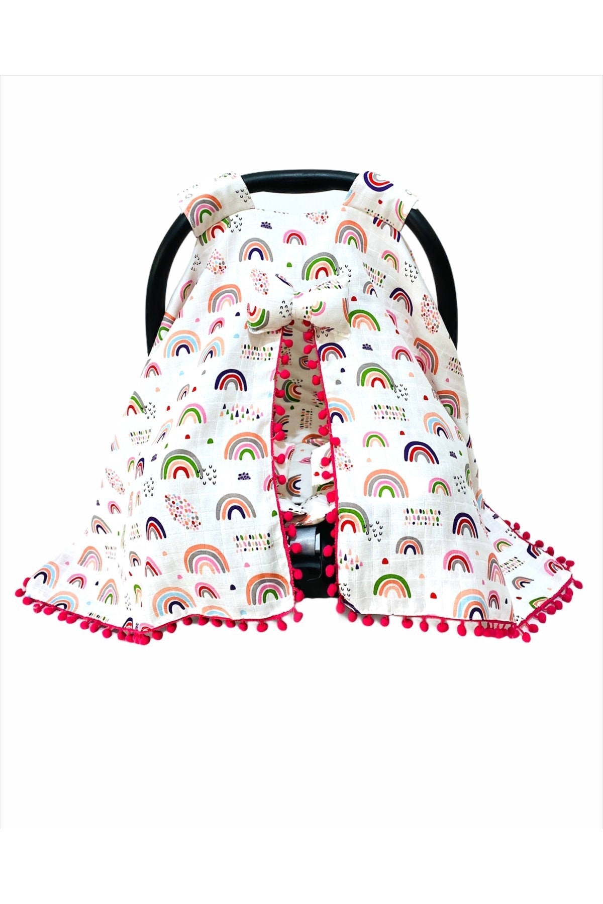 Yummyofbaby %100 Pamuk Müslin Pembe Gökkuşağı Desenli Tek Katlı Puset Örtü Ve Minder Seti