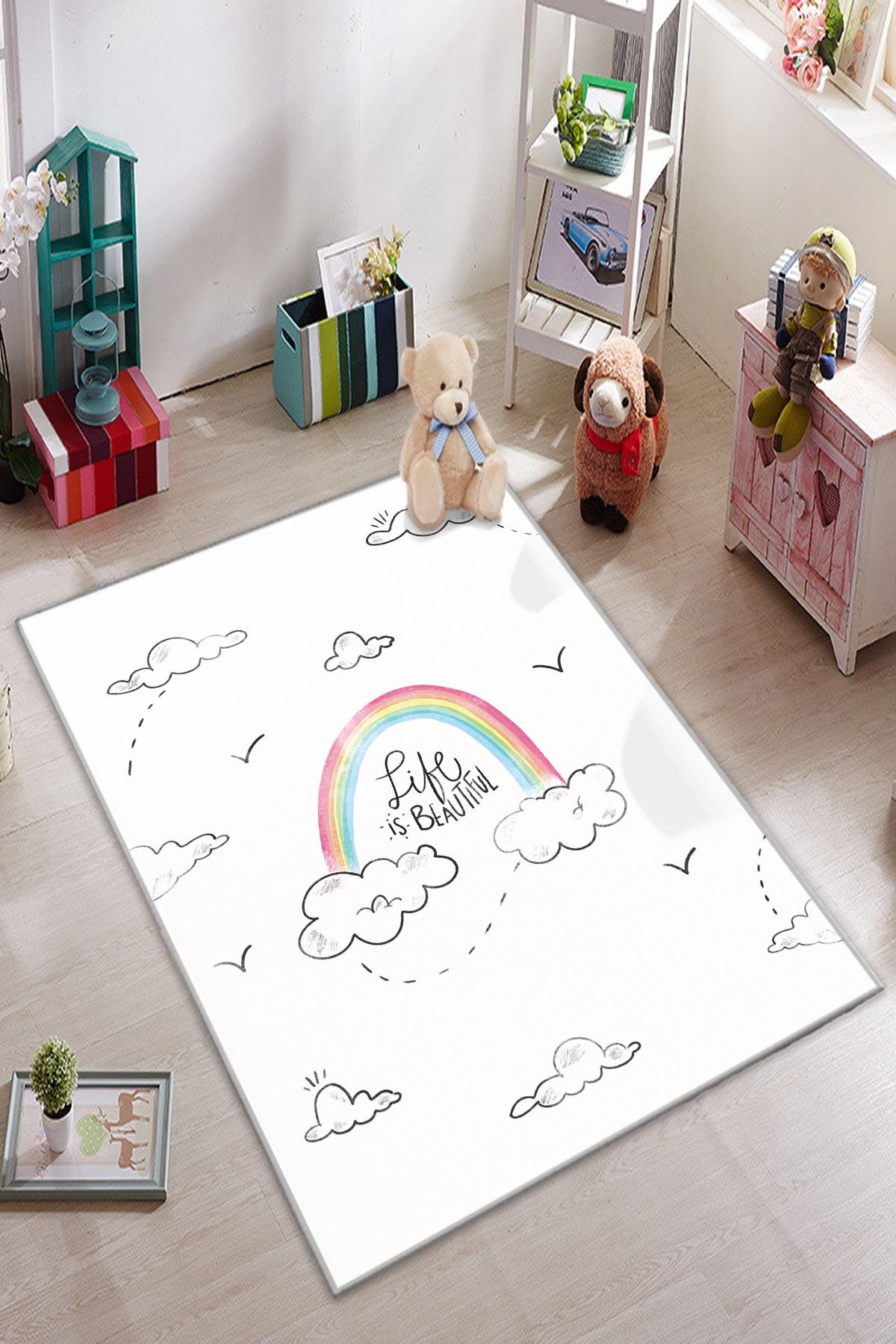 KARNAVAL HOME Beyaz Bulut Desenli Çocuk Odası Halısı