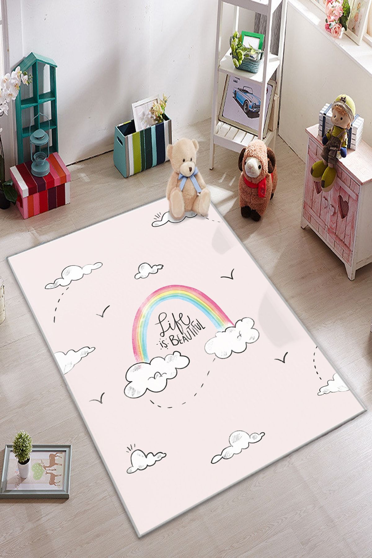 KARNAVAL HOME Karnaval Gökkuşağı Ve Bulutlar Pembe Çocuk Odası Halısı