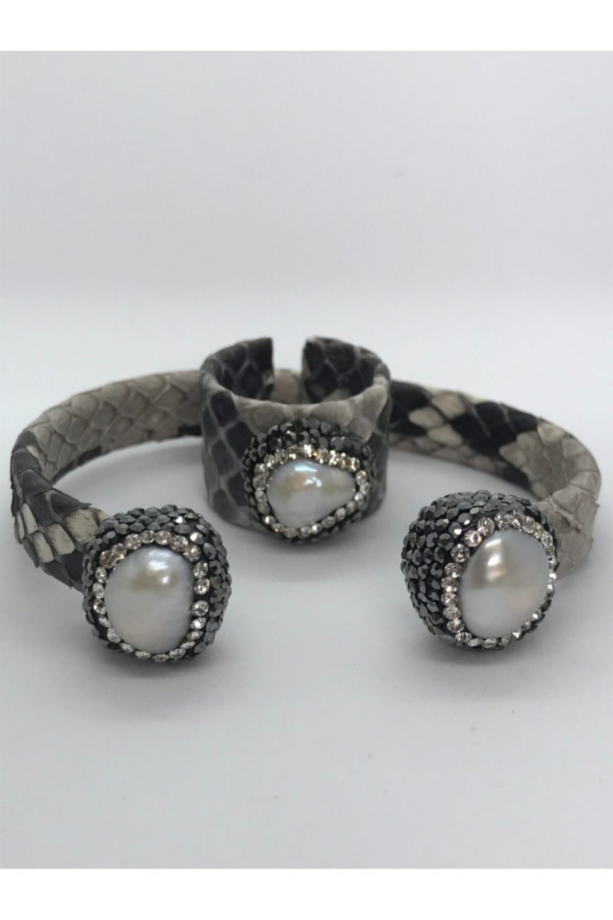 Hevisay Çift Incili Natürel Piton Bileklik Ve Yüzük