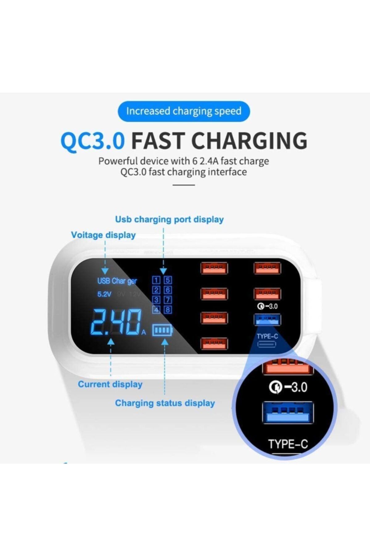 Özasya AVM Çoklu Usb Type-c 8 Port Ampermetre Hızlı Şarj Doldurma Adaptörü