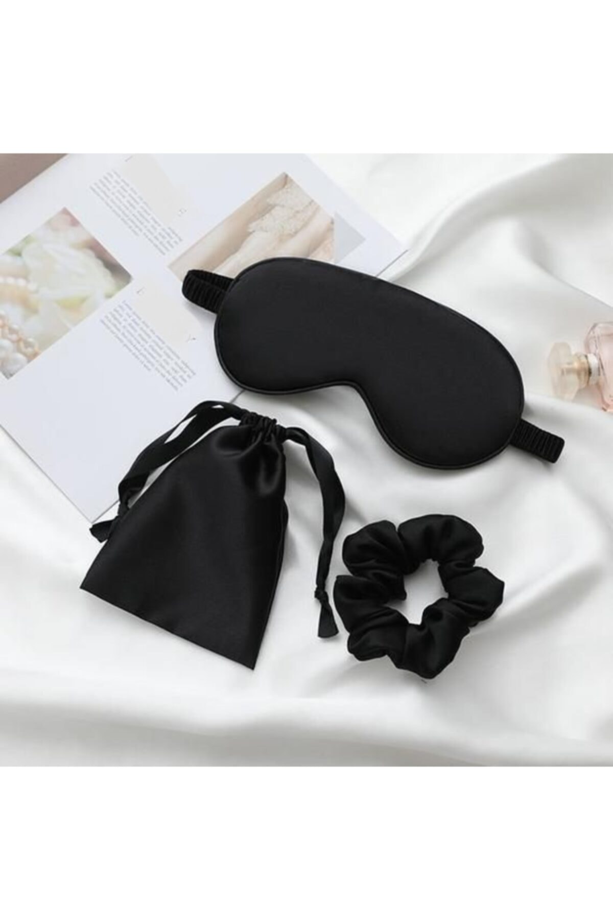 Nusyaa Lüks Ipek Saten Göz Bandı Keseli Üçlü Kombin