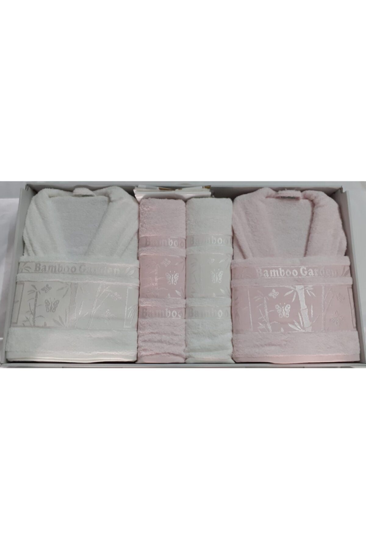 Lena Home Bambu Bornoz Seti - Beyaz / Açık Pembe