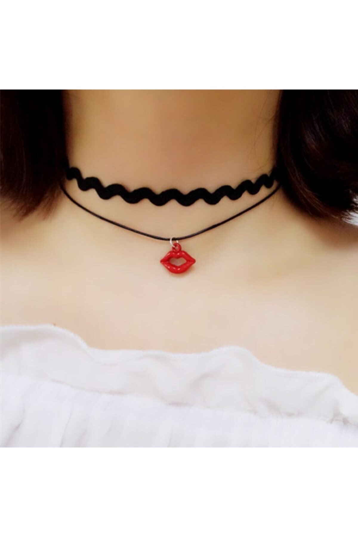 Vaveile Siyah Kırmızı Dudak Figürlü Gotik Chokers Klavikula Kadife Tasma Kolye