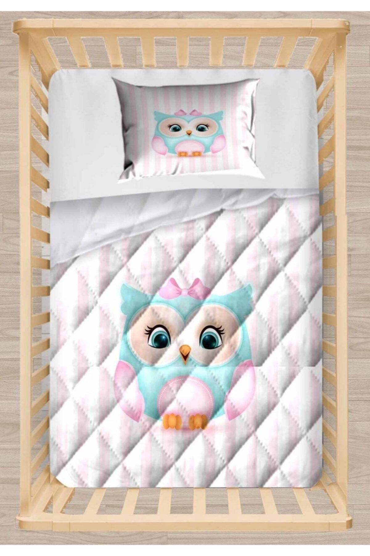 Else Halı Else Pembe Mavi Sevimli Baykuş Kapitoneli 3d Desenli Bebek Yorgan Uyku Seti
