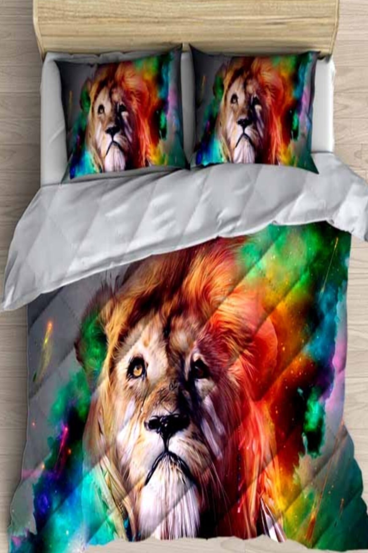 Else Halı Else Renkli Aslanlı 3d Desenli Çift Kişilik Mikrofiber Yorgan Uyku Seti