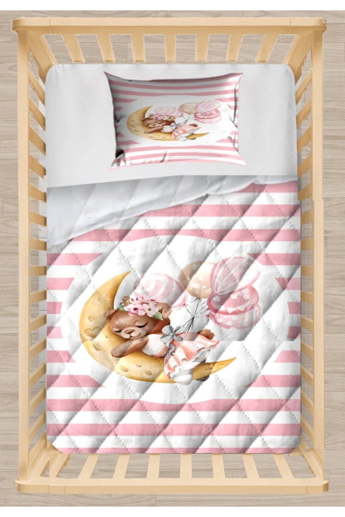 Else Halı Else Pembe Çizgili Uyuyan Ayıcık Kapitoneli 3d Desenli Bebek Yorgan Uyku Seti