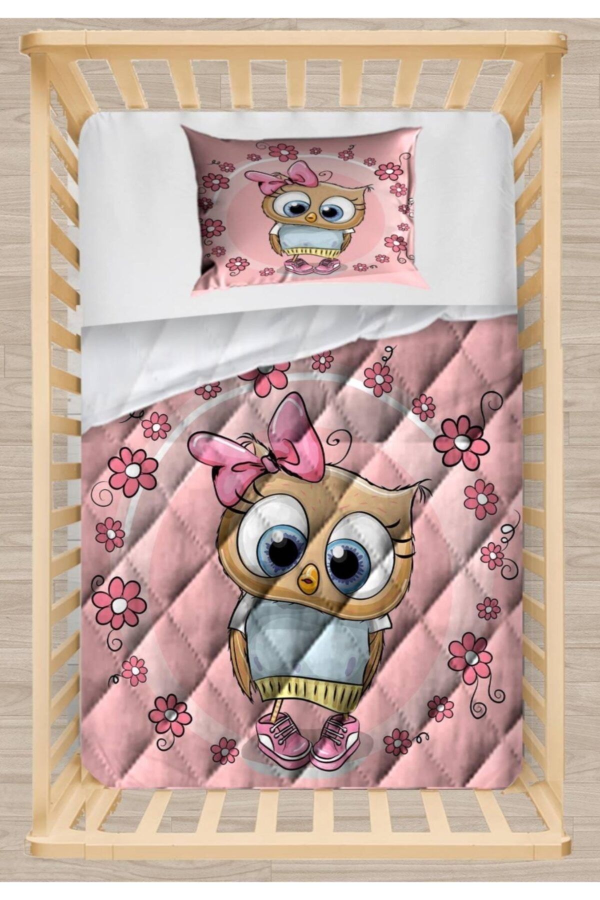 Else Halı Else Pembe Çiçekli Baykuş Kapitoneli 3d Desenli Bebek Yorgan Uyku Seti