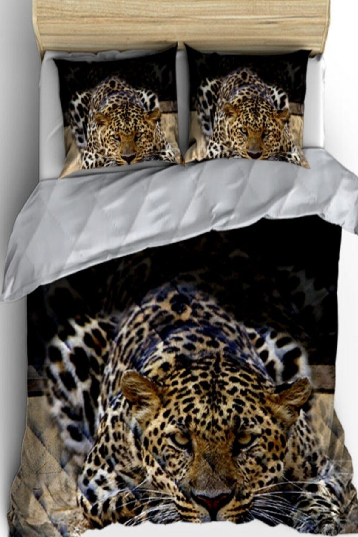 Else Halı Else Vahşi Leopar Hayvanlı 3d Desenli Çift Kişilik Mikrofiber Yorgan Uyku Seti