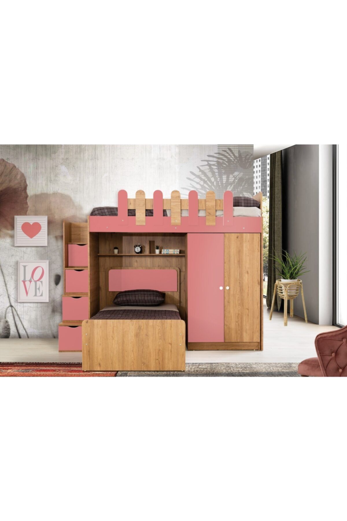 Güven Mobilya Kiwi Okyanus Ceviz Pembe 90*190 Karyolalı Dolaplı Ranza Takım