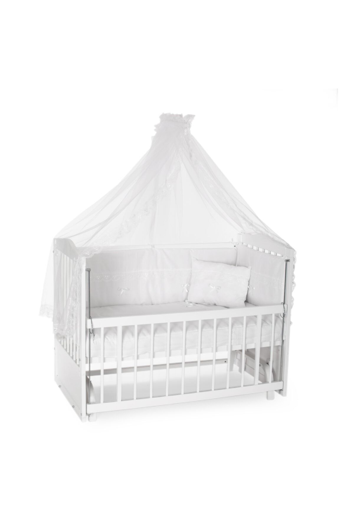 Heyner 60x120 + Beyaz Güpür Uyku Seti + Yatak + Tekerlek Ahşap Beşik Anne Yanı Beşik Sallanır Beşik