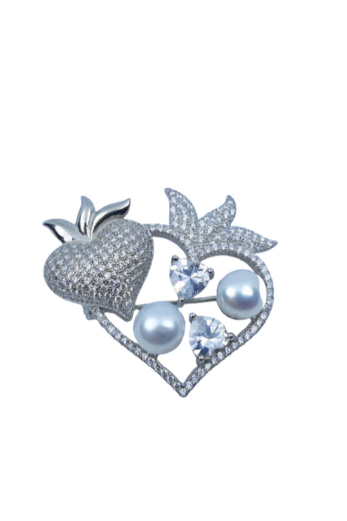 Candie Silver Kadın Gümüş İnci ve Zirkon Taşlı Kalp Model 925 Ayar Broş