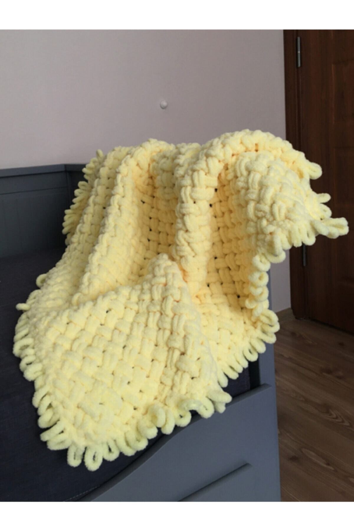 Jimmybaby Jimmy Baby Puffy Sarı Bebek Battaniyesi El Örgü Bebek Battaniye 90x90 Cm
