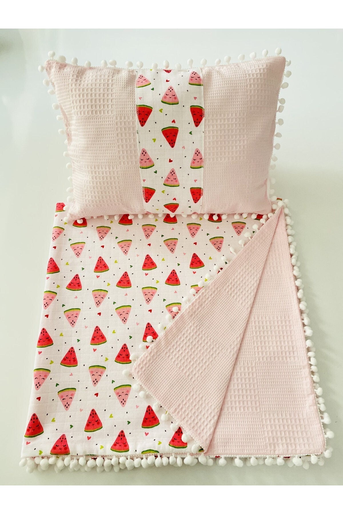 Yummyofbaby %100 Pamuk Müslin Karpuz Desenli Çift Katlı Battaniye Ve Yastık Seti
