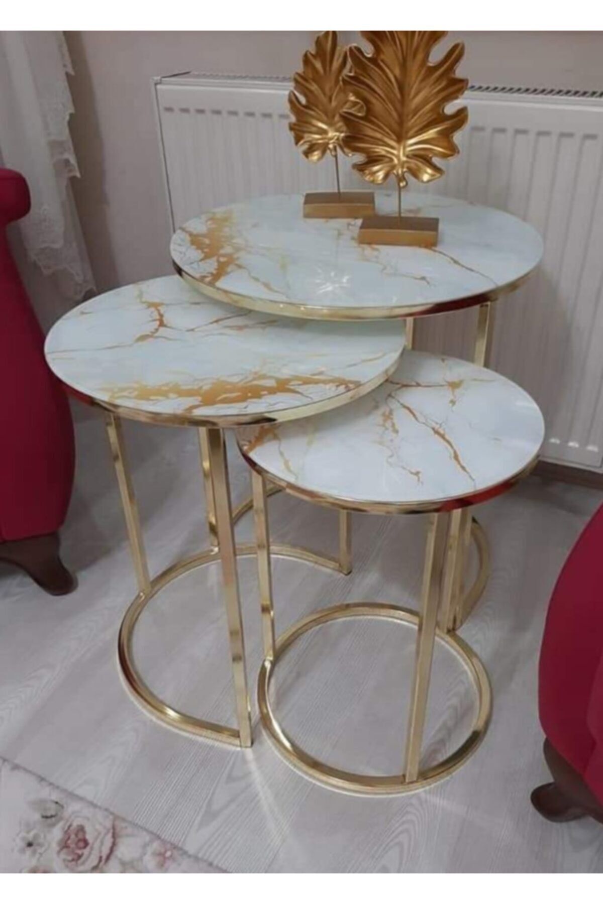 Uygun Gold Beyaz Mermer Desenli 3'lü Yuvarlak Zigon Sehpa Gold Renk Kaplama Metal Paslanmaz Ayak