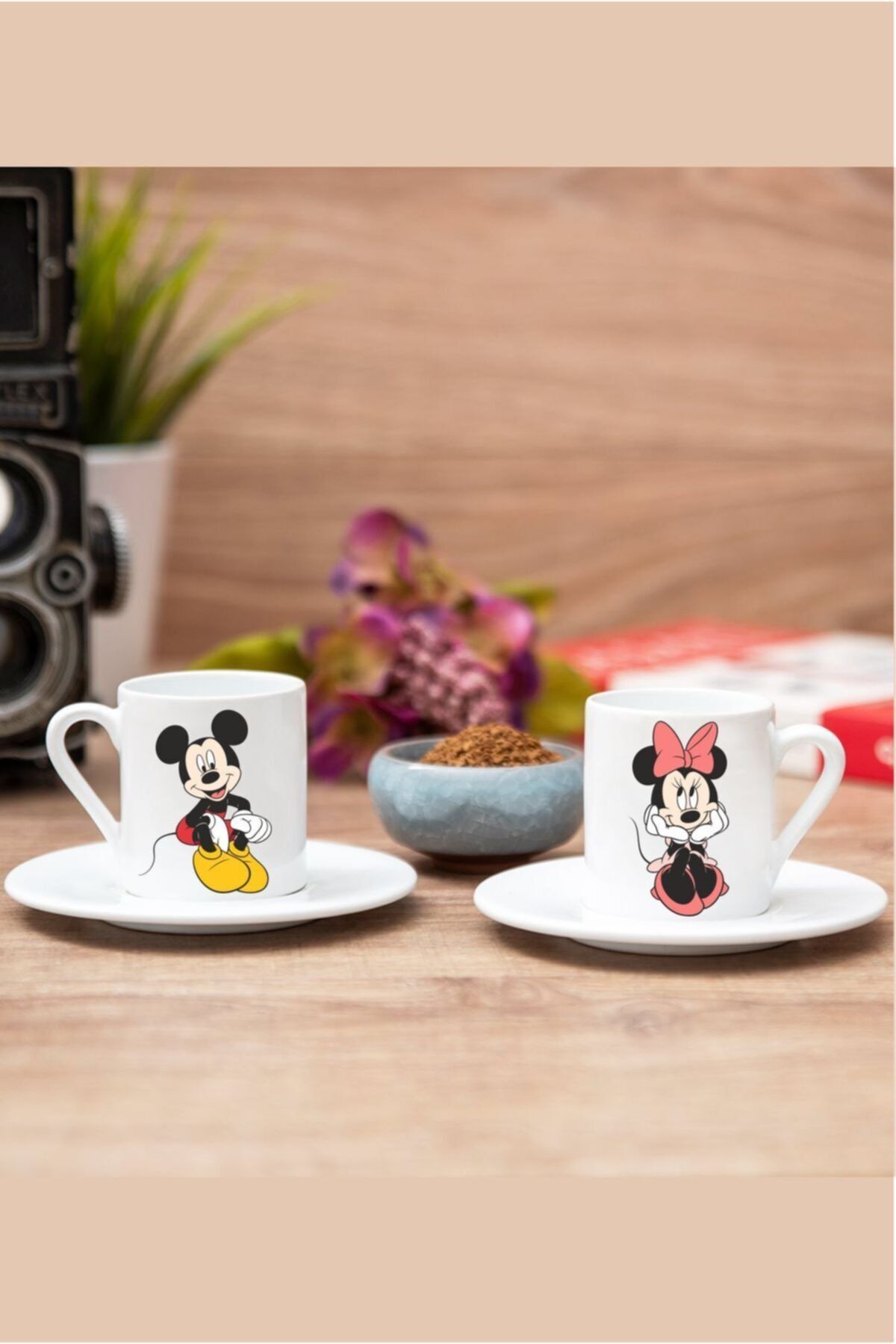 TAP REKLAM 2li Türk Kahvesi Fincan Seti Baskılı Oturan Mickey Mouse Sevgililer Fincanlar