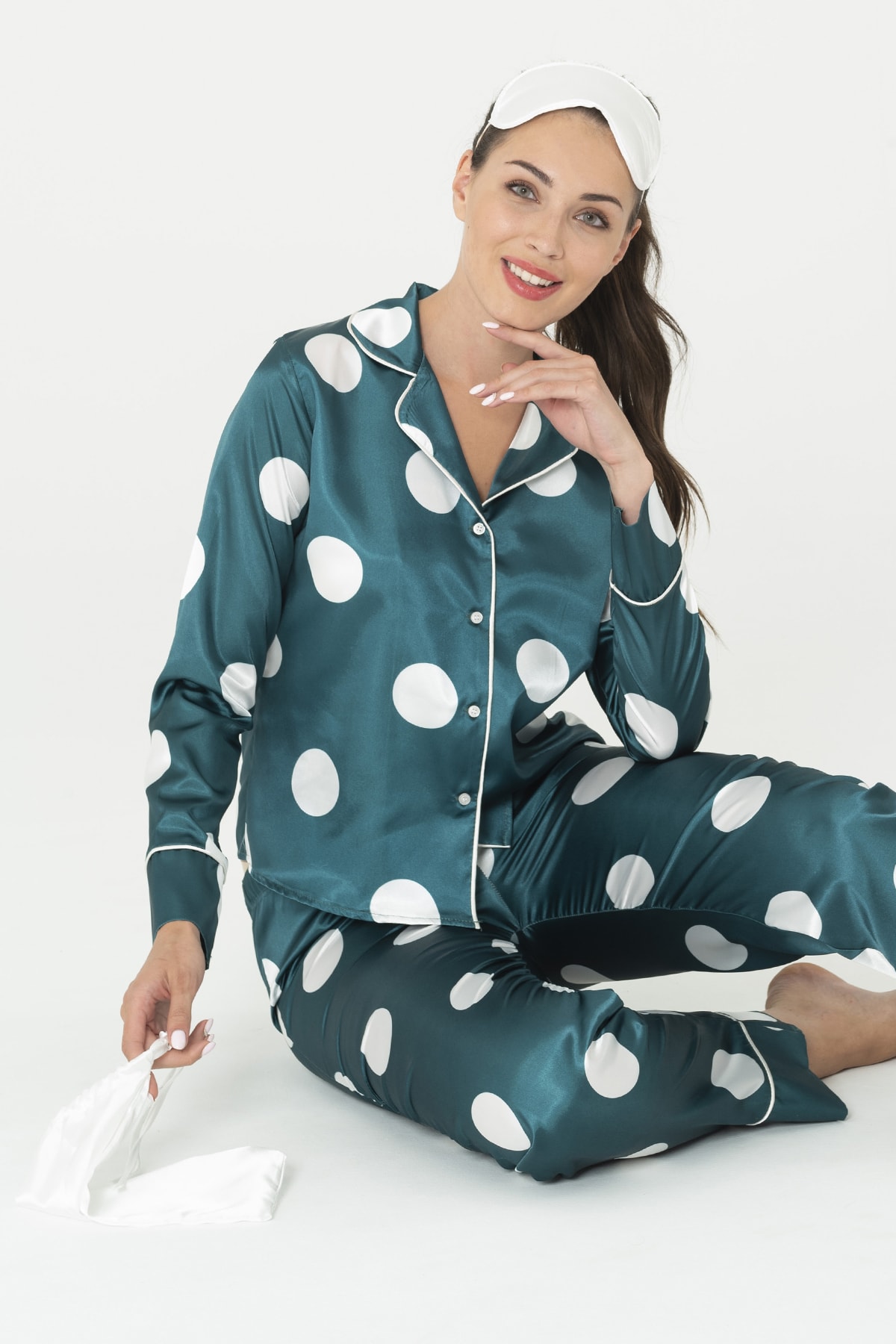 FOR YOU MODA Kadın Saten Puantiyeli Gömlek Pijama Set 5 li